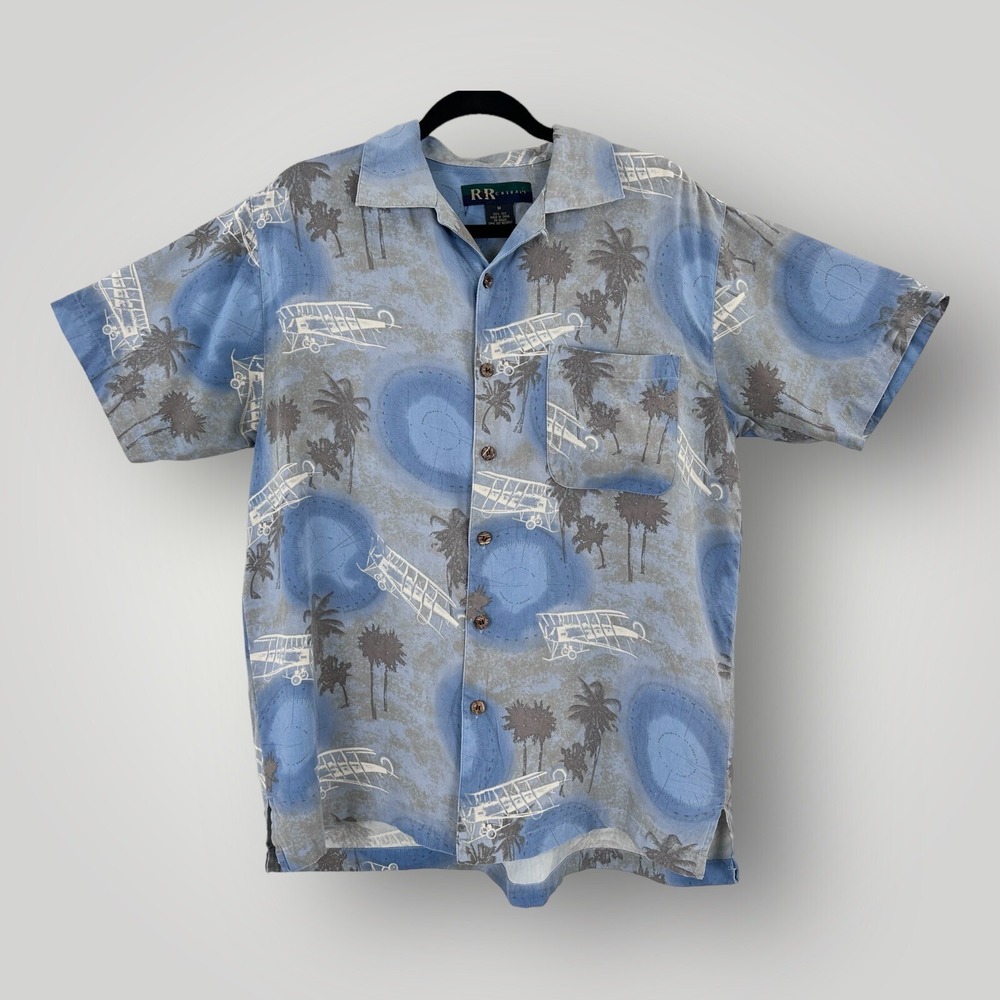 R&R Casuals 100% Silk Camp Shirt Men's Size MEDIUM Blue Airplanes Palms‎